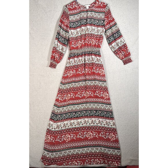 H&M Conscious Womens Maxi Dress 8 Chiffon Red Floral Sheer Smocked Boho Key Hole - Picture 1 of 16